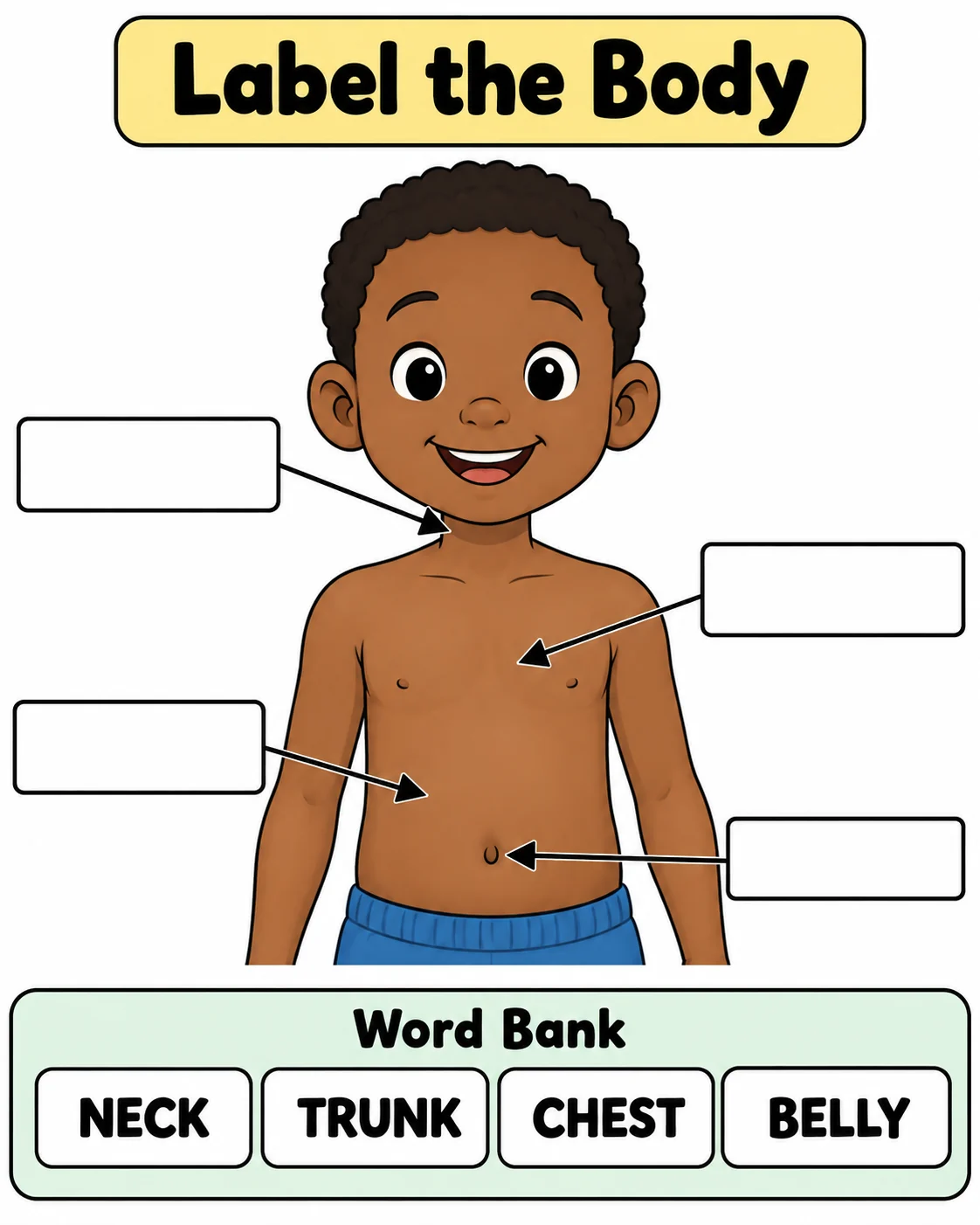 Label-the-body activity showing the neck, trunk, chest and belly
