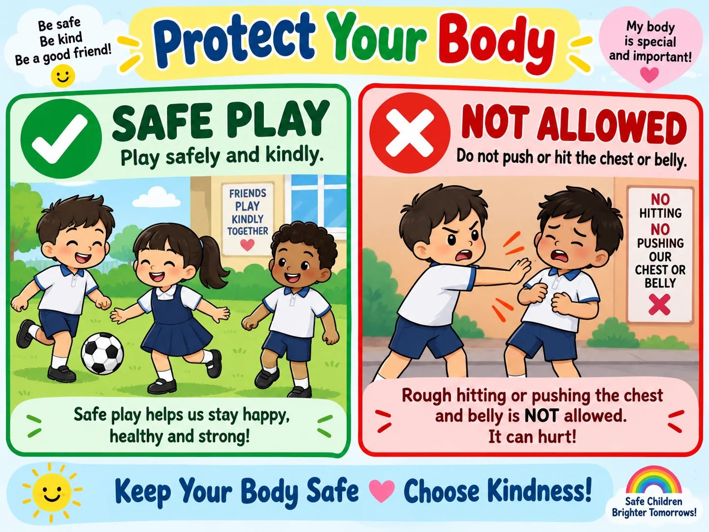 Safe play and body protection educational illustration