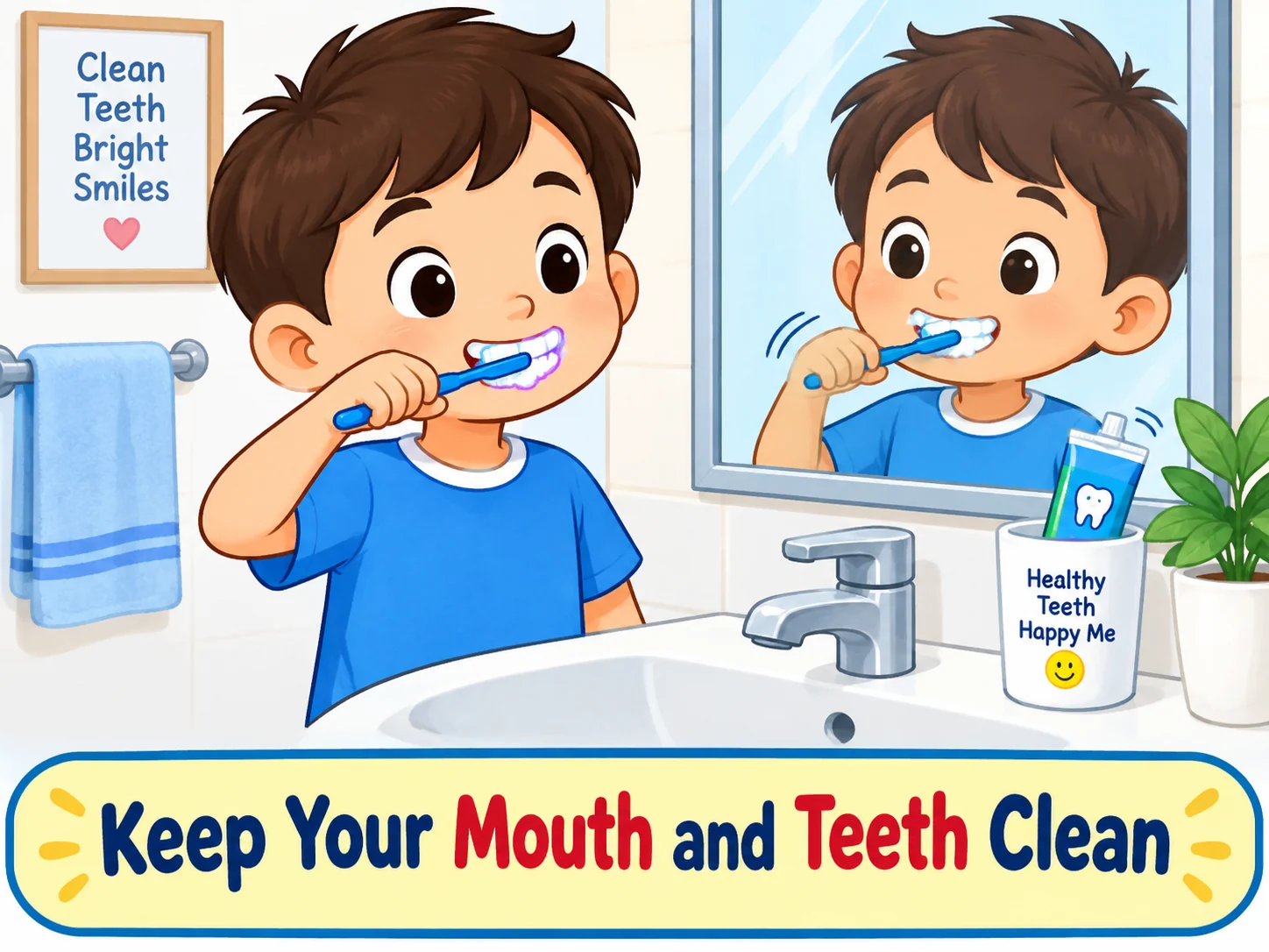 Brushing teeth and clean mouth educational illustration