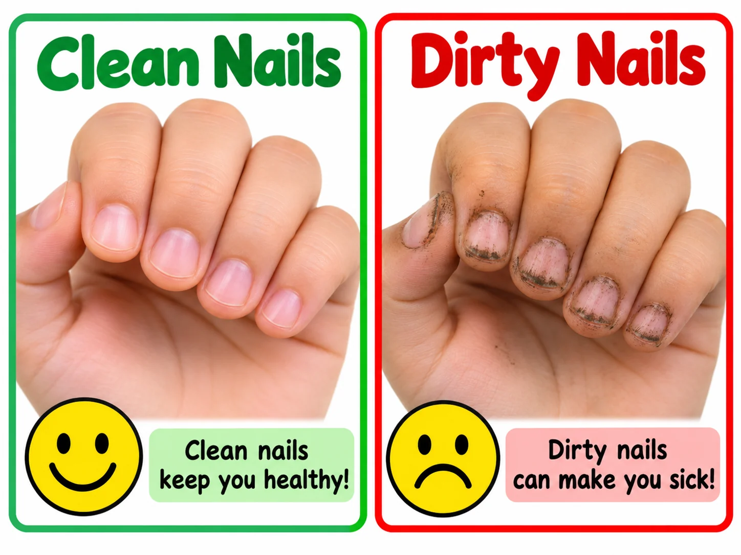 Clean and dirty fingernails educational illustration