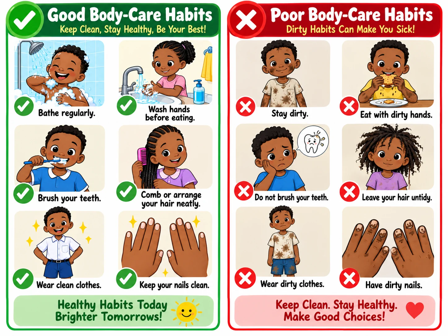 Good and poor body care habits educational illustration