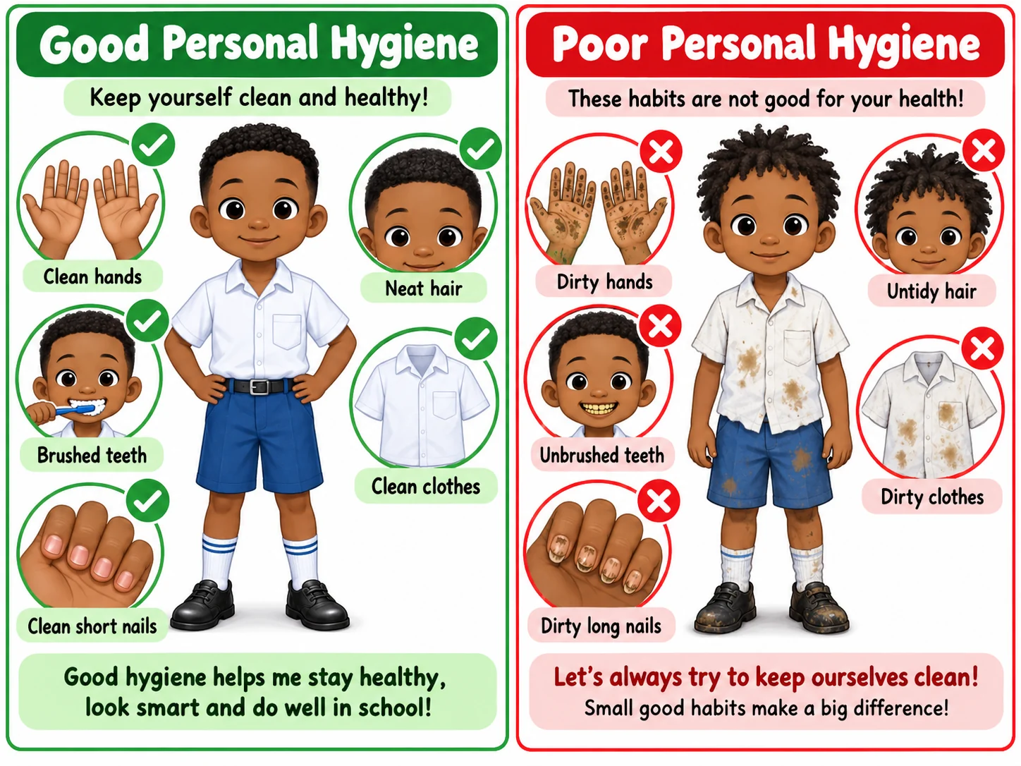 Good and poor personal hygiene educational illustration