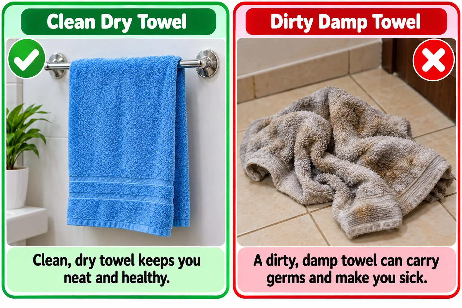 Clean dry and dirty damp towels educational illustration