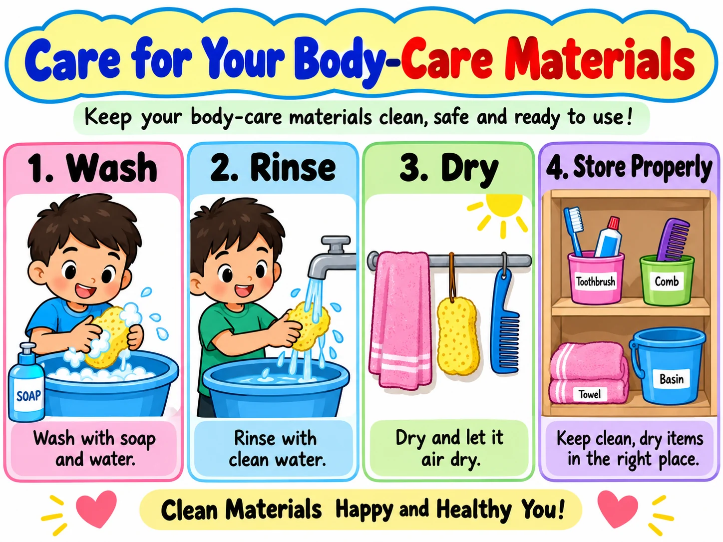 Cleaning and storing body care materials educational illustration
