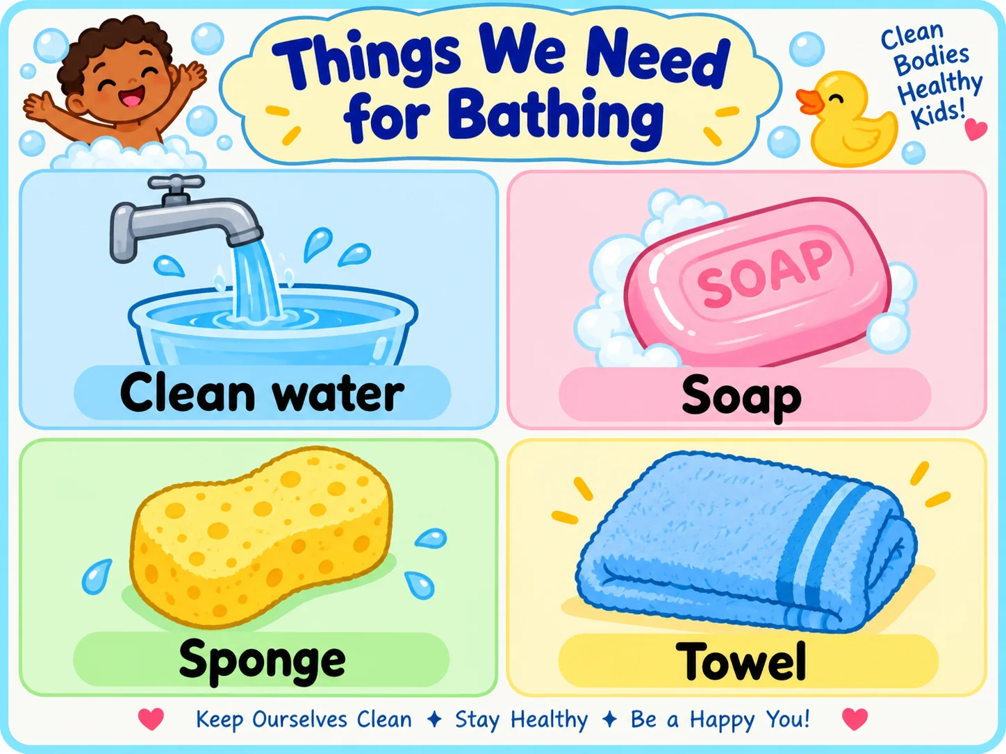 Materials needed for bathing educational illustration