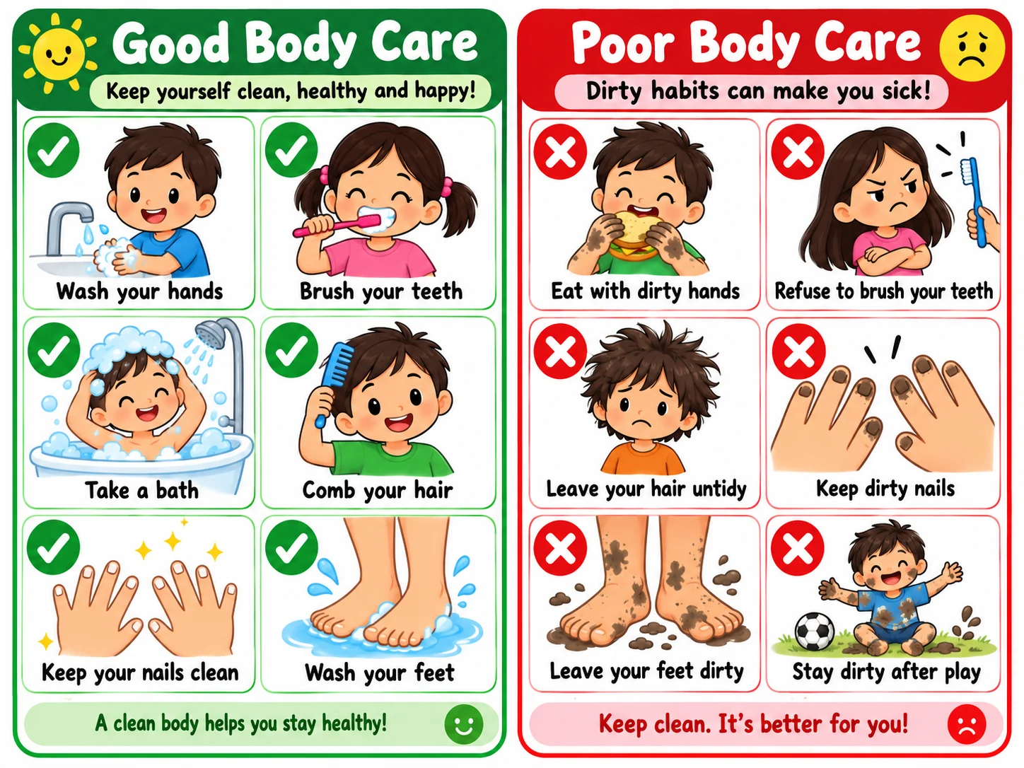 Good and poor body care educational illustration