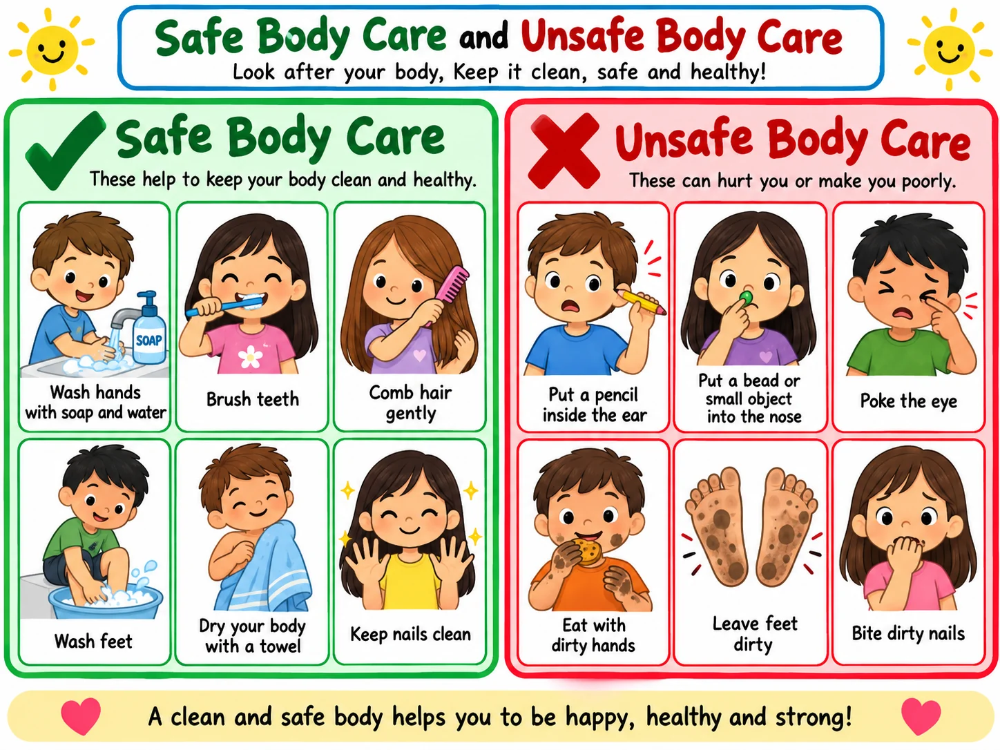 Safe and unsafe body care educational illustration