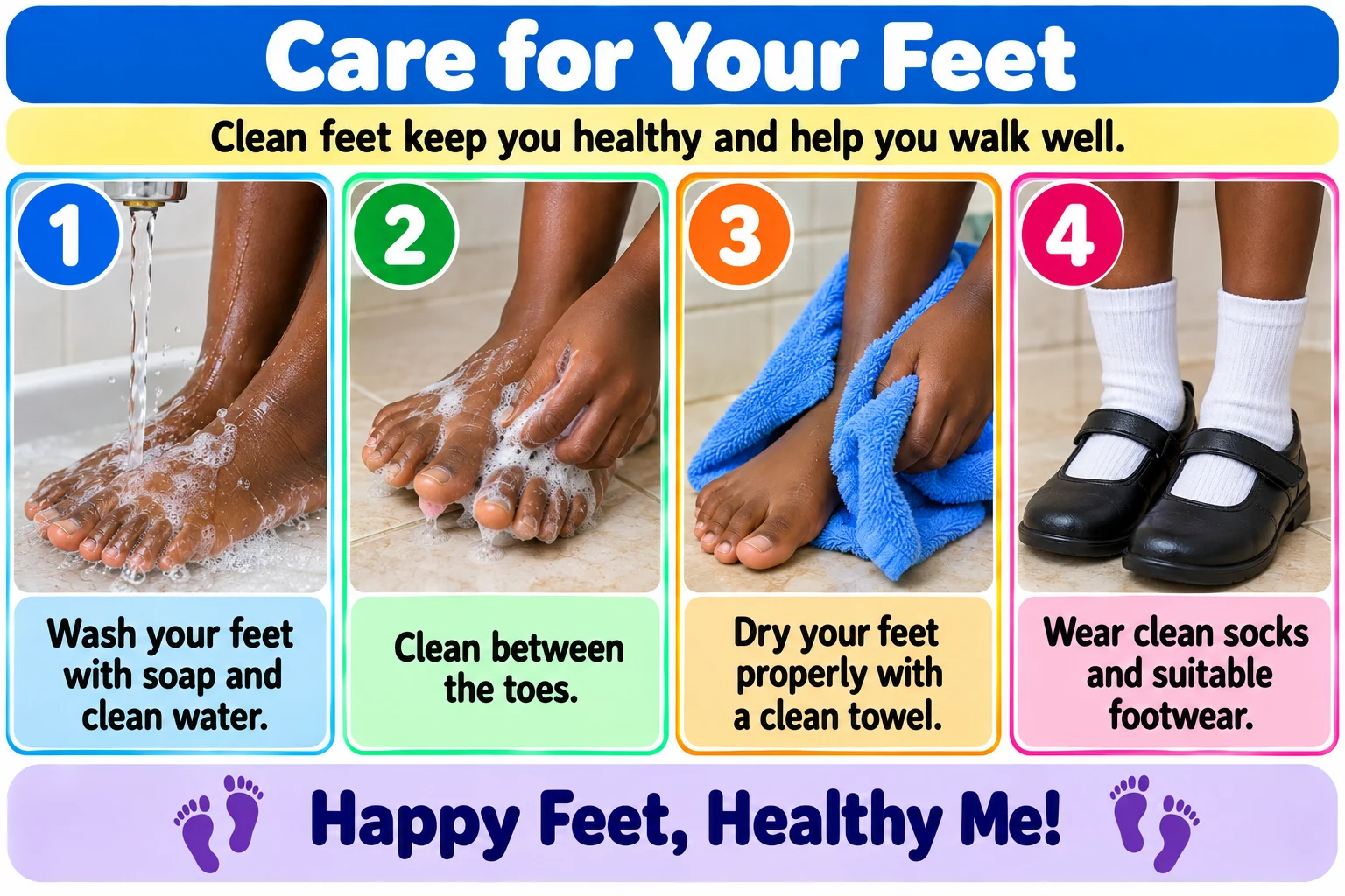 Steps for caring for feet educational illustration