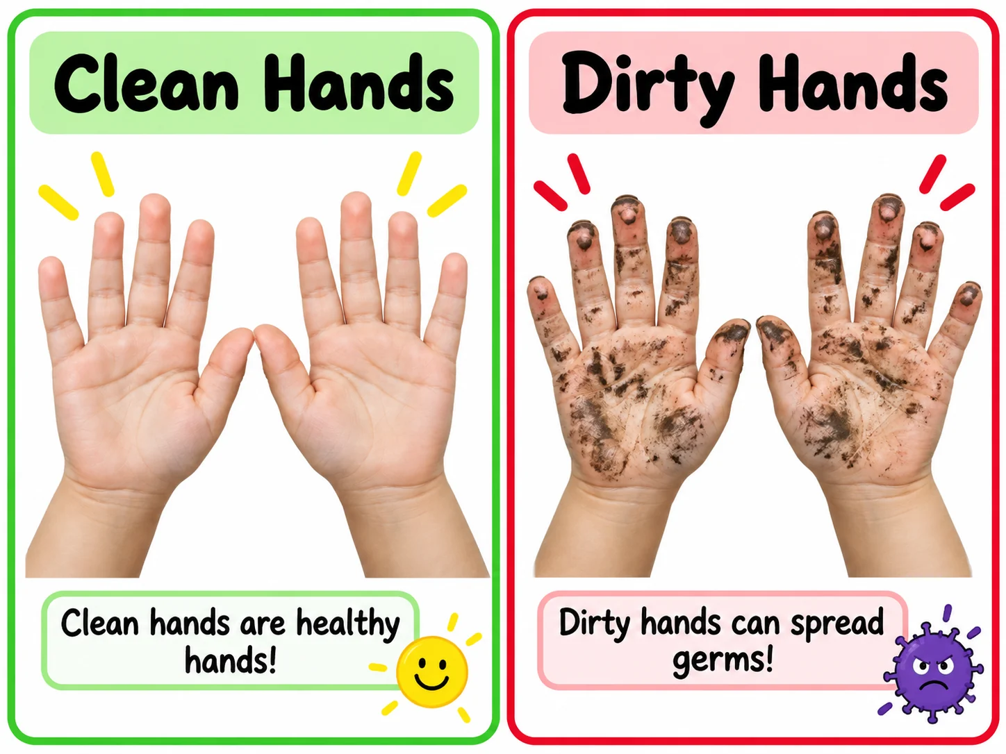 Clean and dirty hands educational illustration