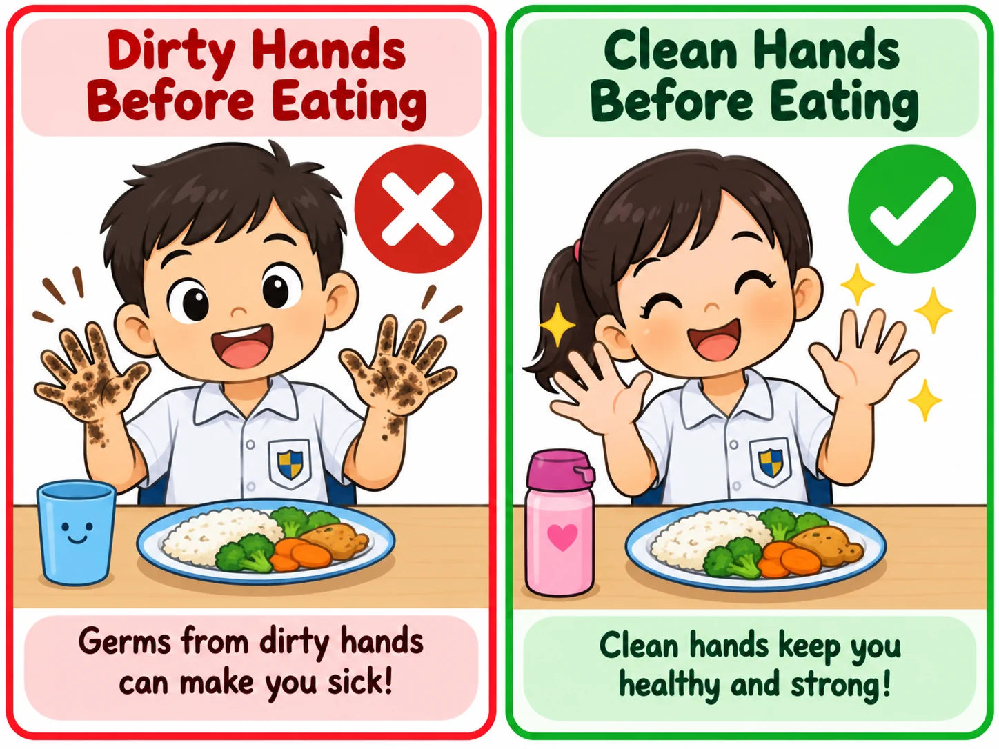 Clean hands before eating educational illustration
