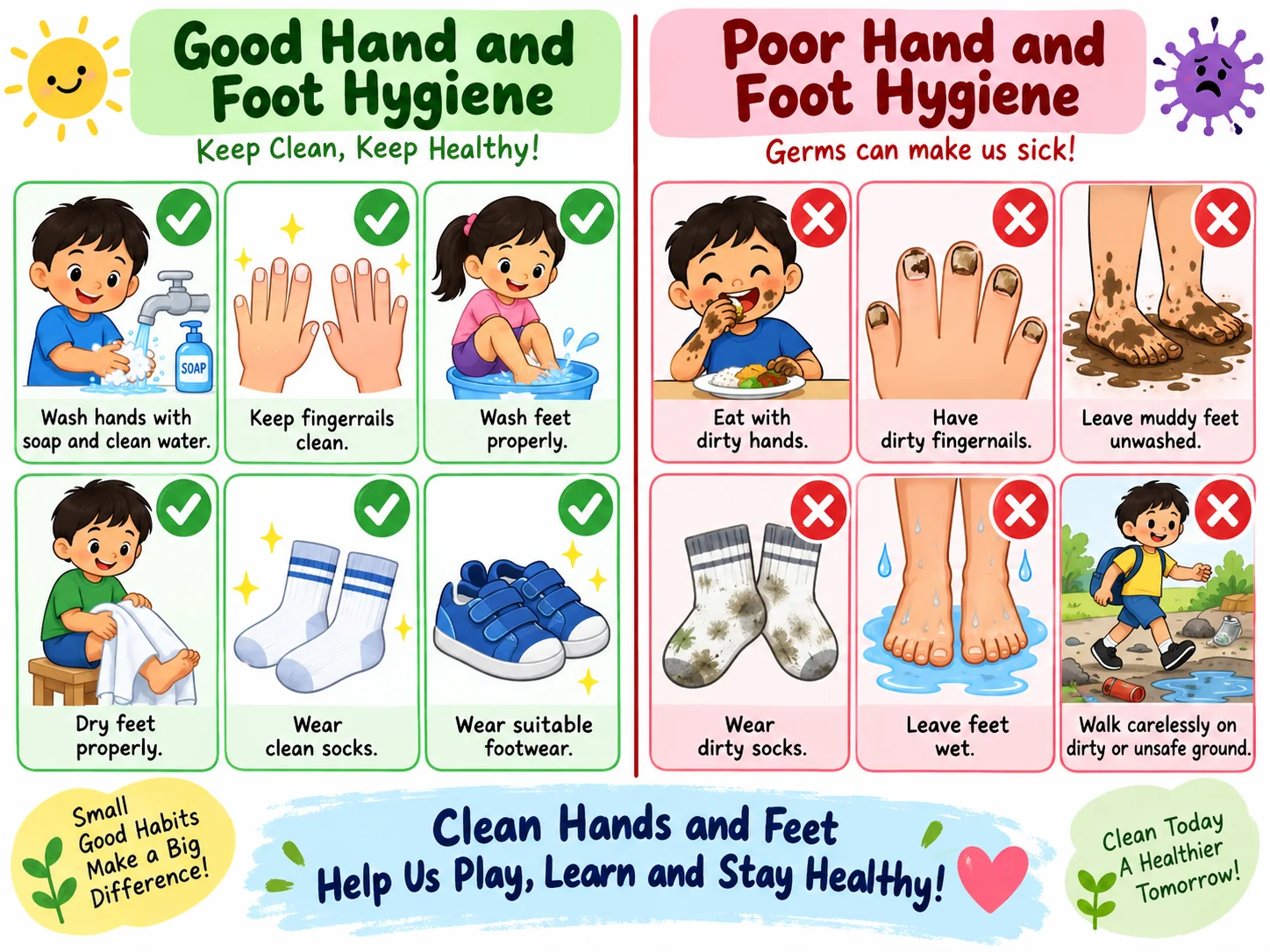 Good and poor hand and foot habits educational illustration