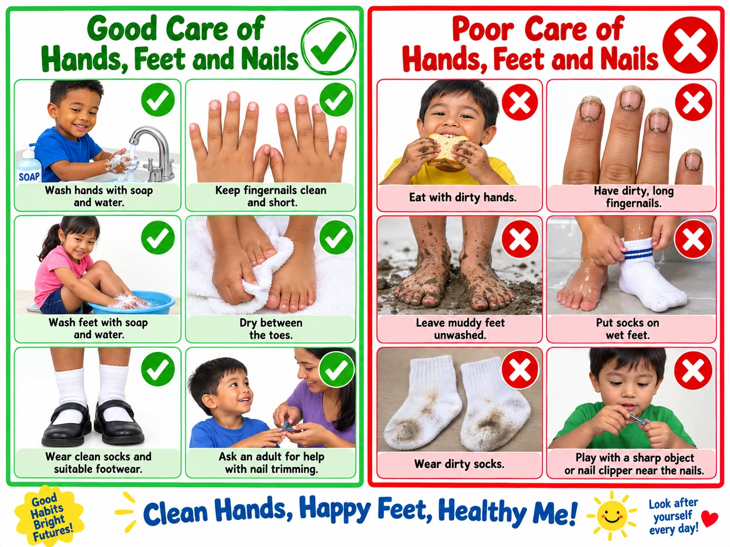 Good and poor care of hands feet and nails educational illustration