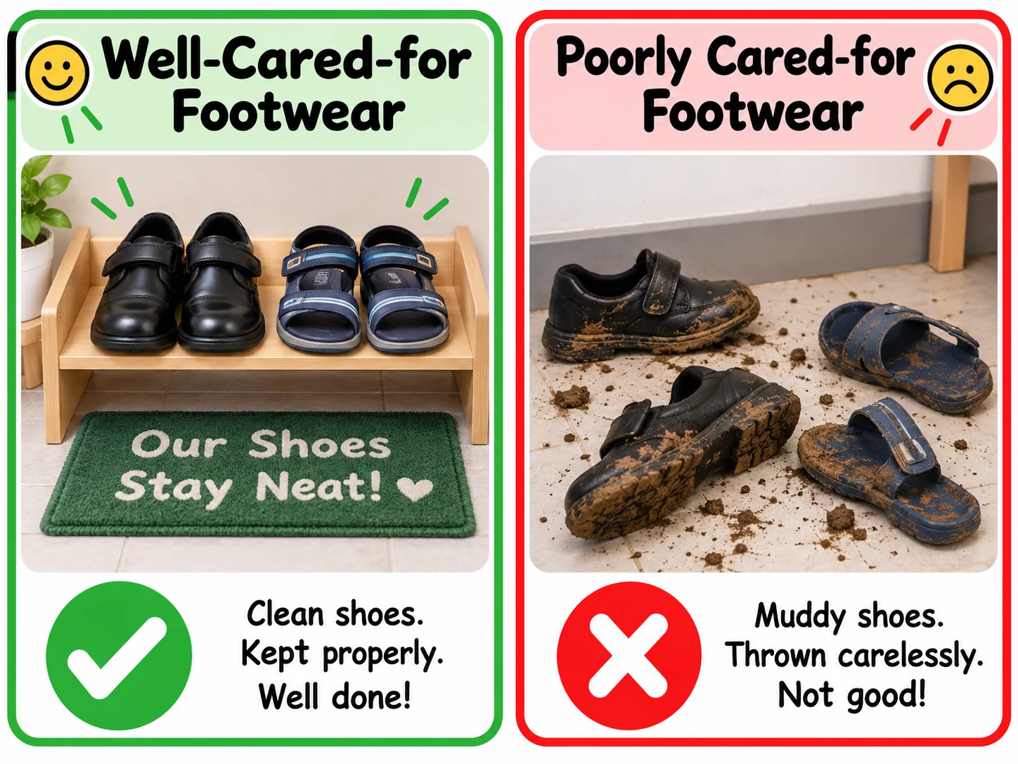 Good and poor footwear care educational illustration