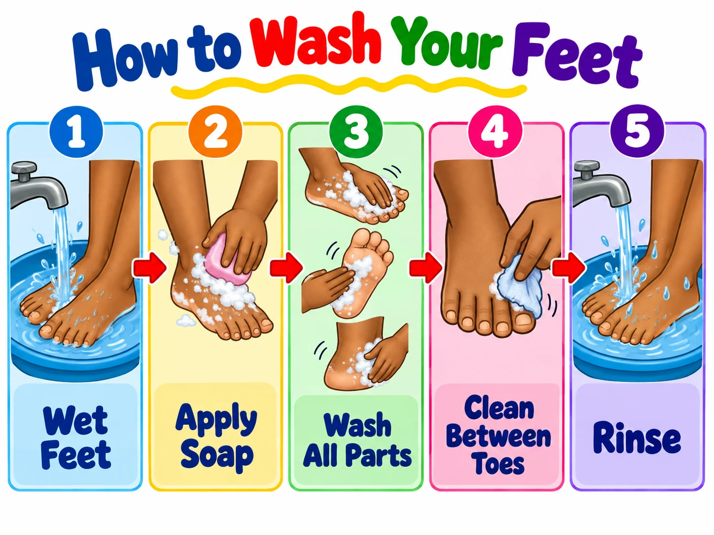 Steps for washing feet educational illustration