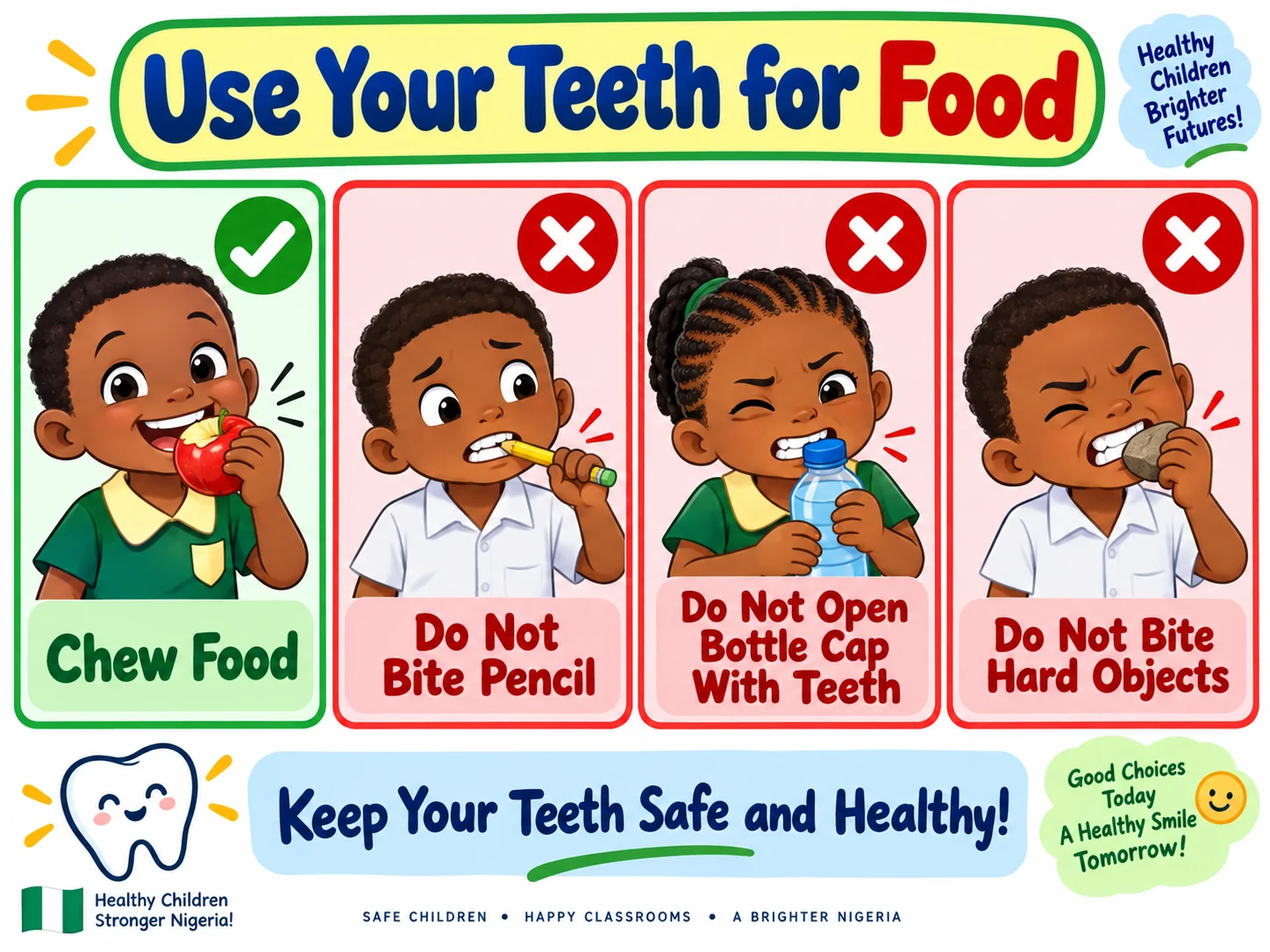 Proper and improper uses of teeth educational illustration