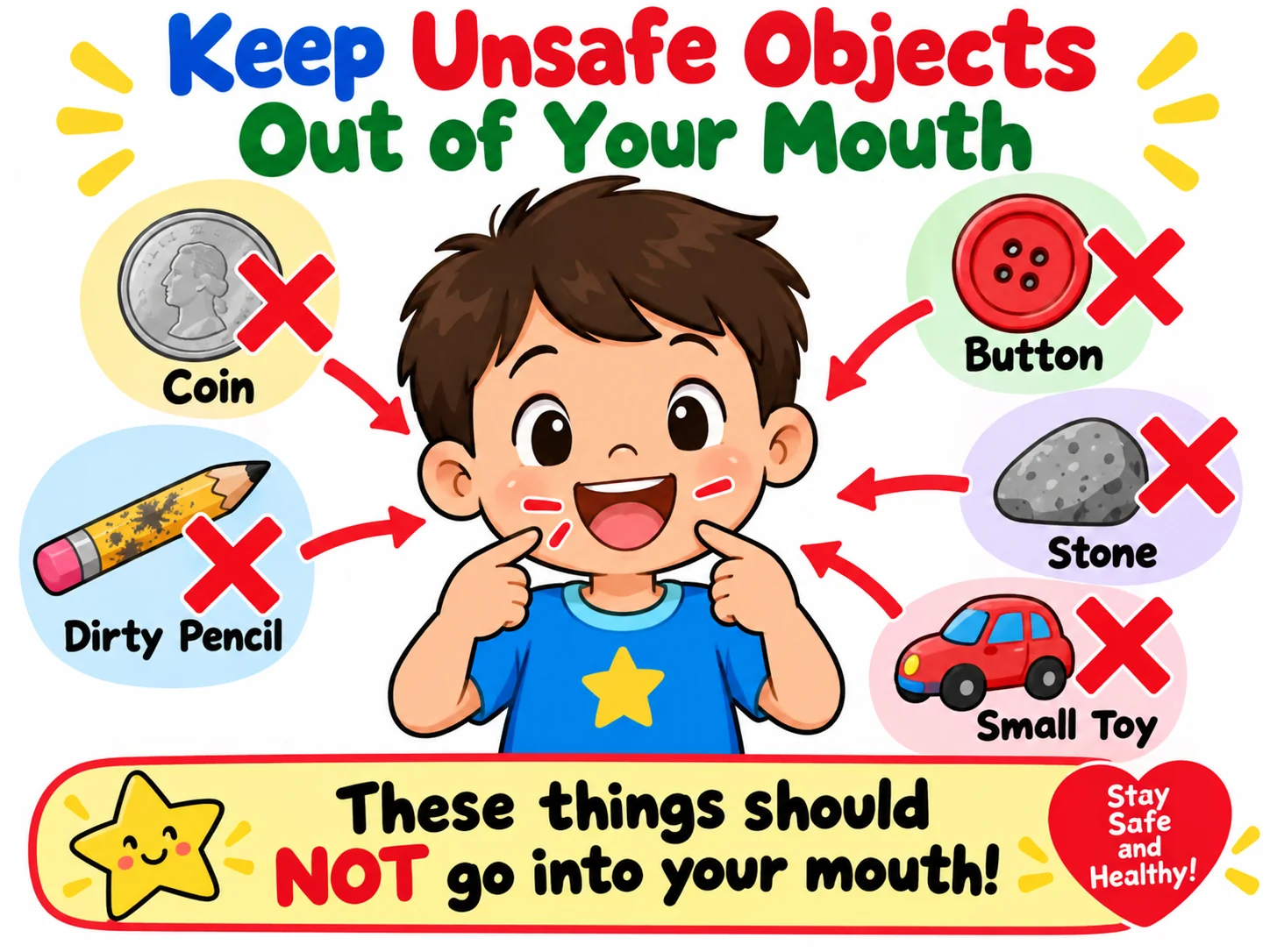Unsafe objects to keep out of mouth educational illustration