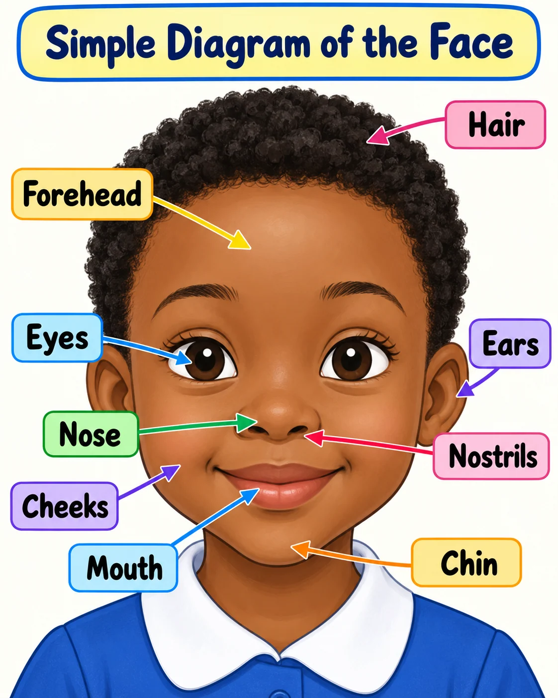 Diagram showing the hair, forehead, eyes, ears, nose, nostrils, cheeks, mouth and chin