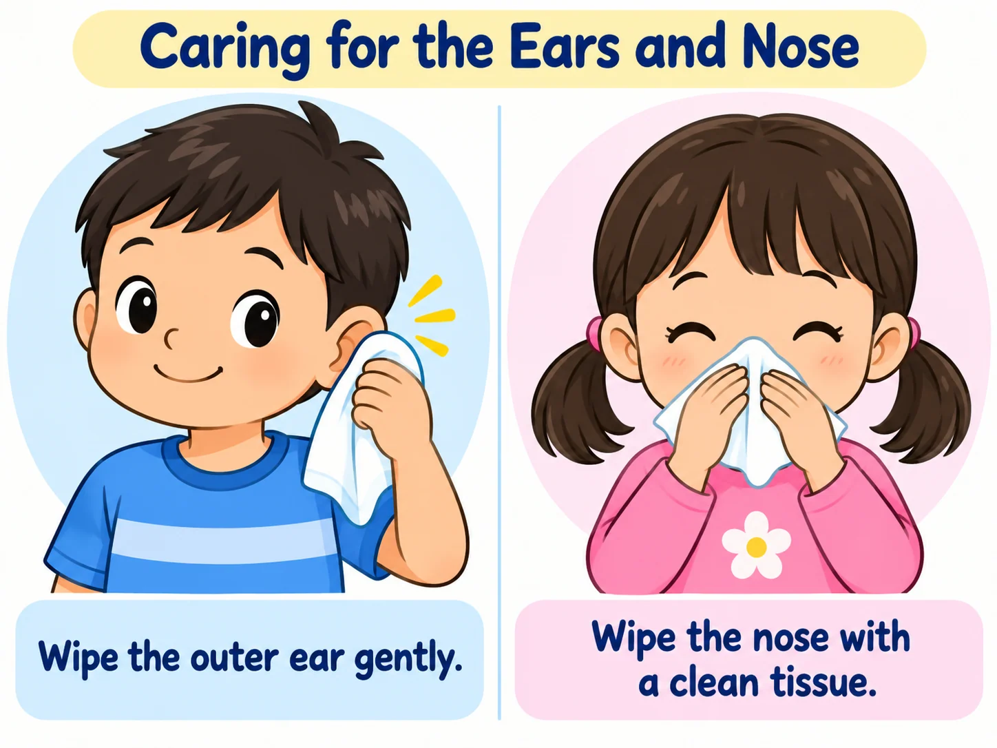 Children gently wiping the outer ear and nose with clean materials