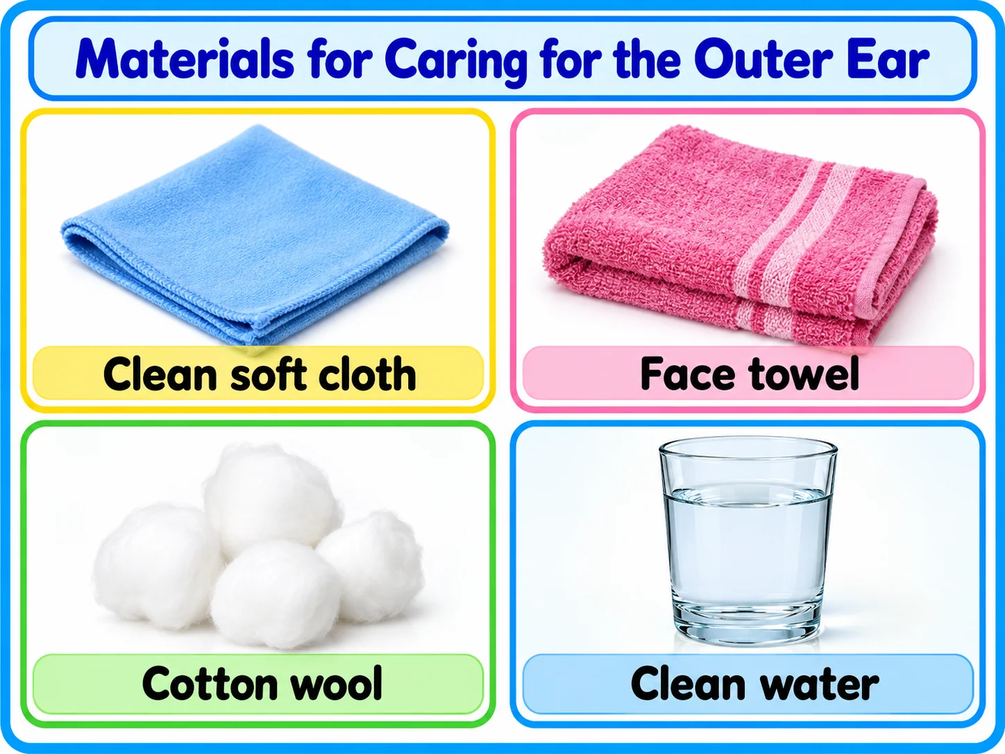 Clean soft cloth, face towel, cotton wool and water for caring for the outer ear