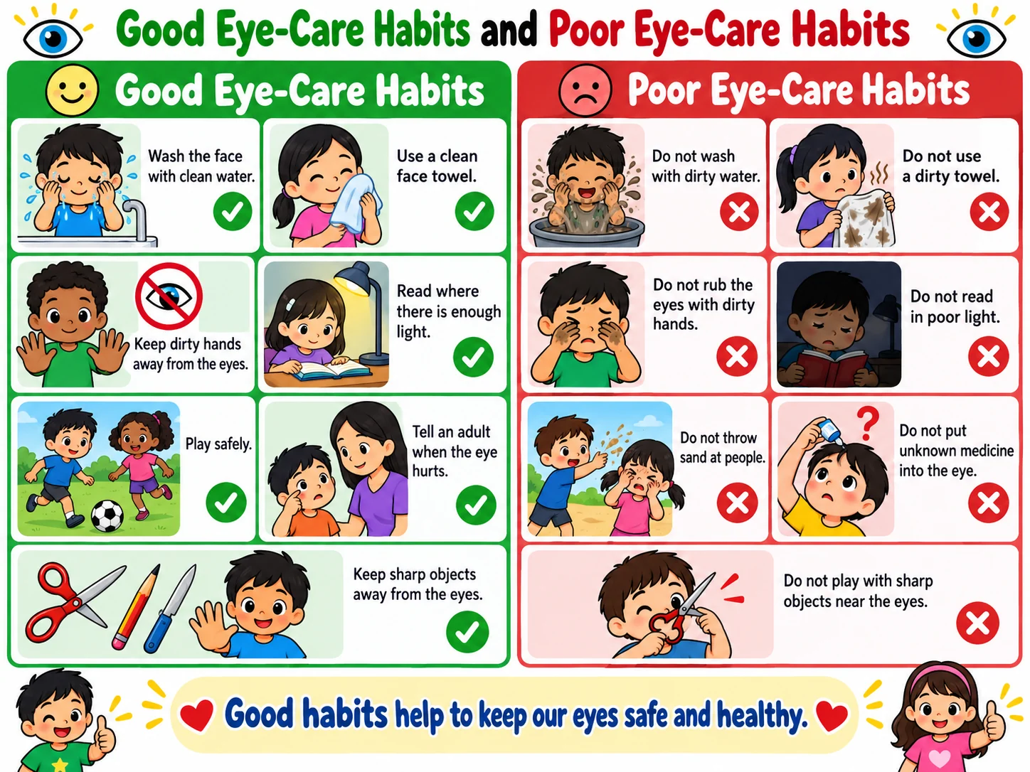 Educational chart comparing good and poor habits for caring for the eyes
