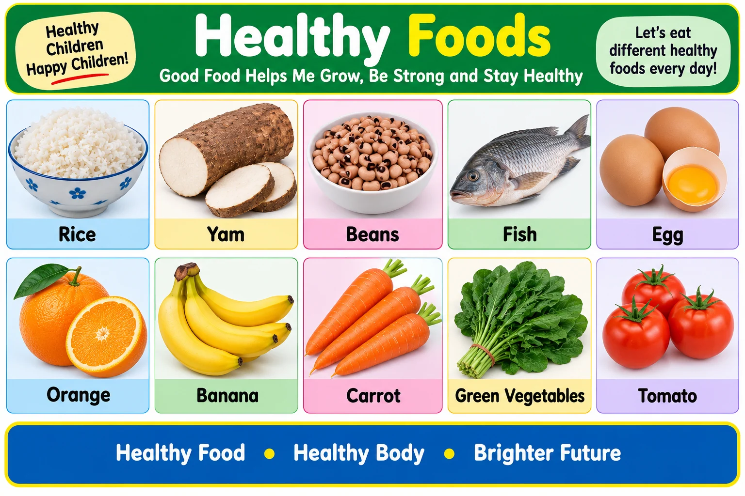 Healthy foods including rice, yam, beans, fish, eggs, fruits and vegetables