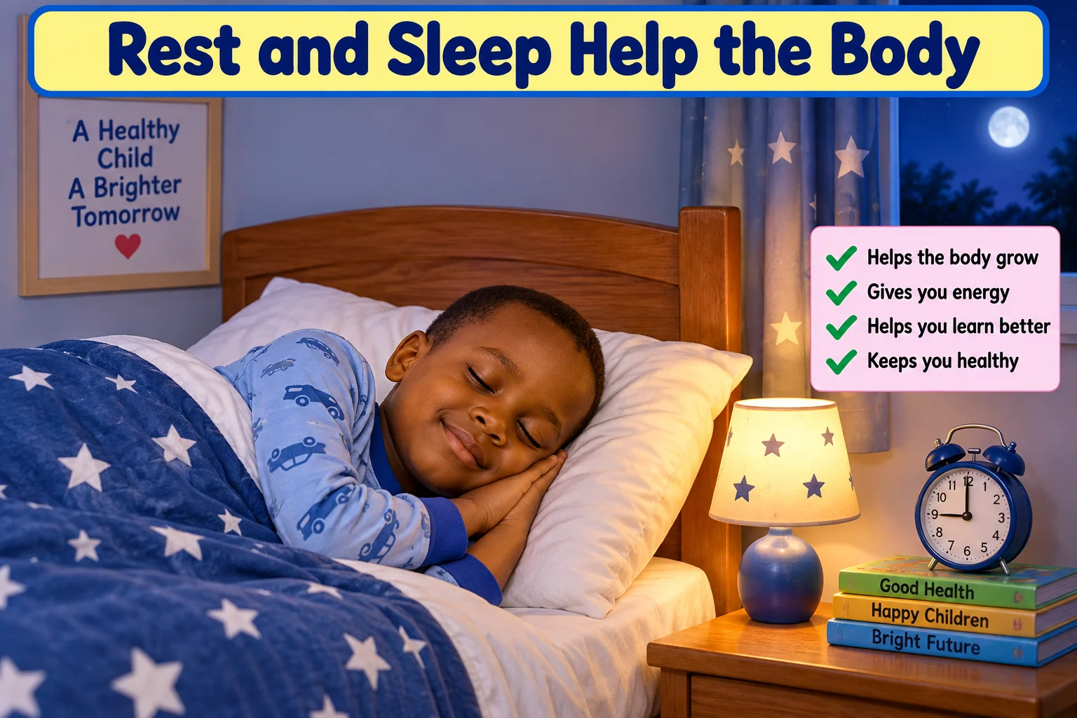 A child sleeping in bed with reminders about the importance of rest and sleep