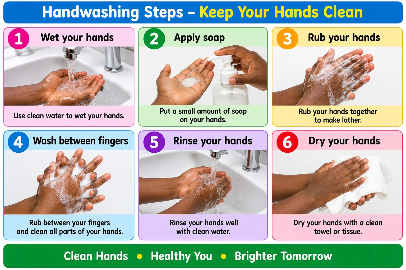 Six illustrated steps for washing and drying the hands properly
