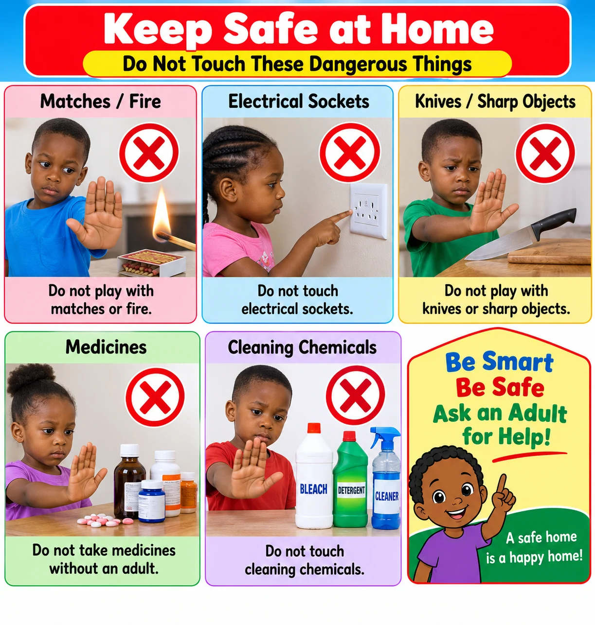 Home safety chart warning children against electrical sockets, matches, knives, medicines and chemicals
