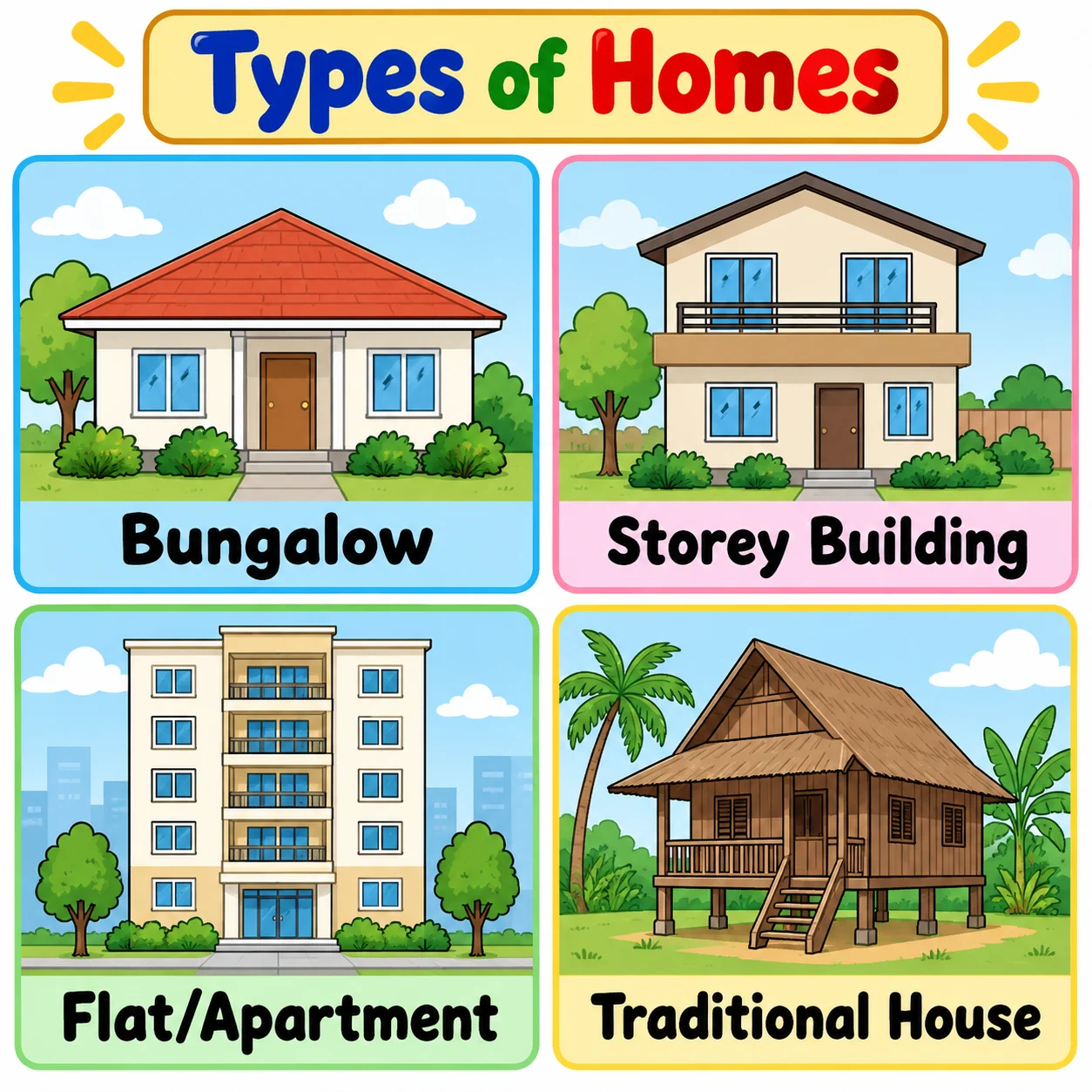 Bungalow, storey building, flat or apartment, and traditional house