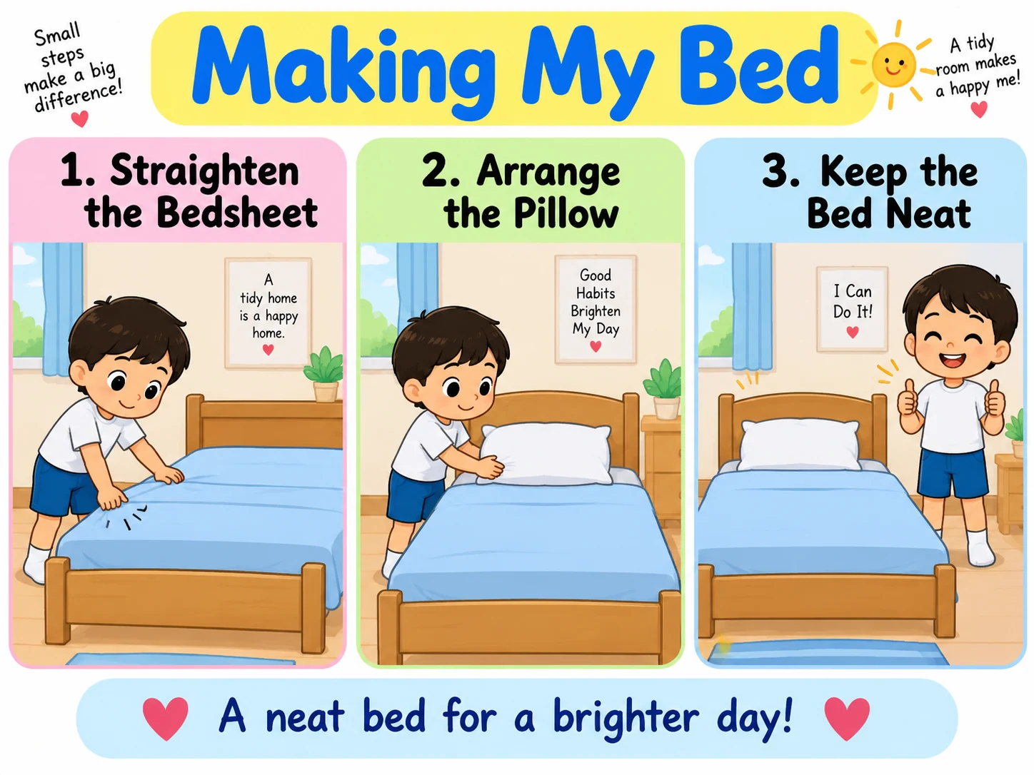 Three illustrated steps for straightening a bedsheet, arranging a pillow and tidying a bed