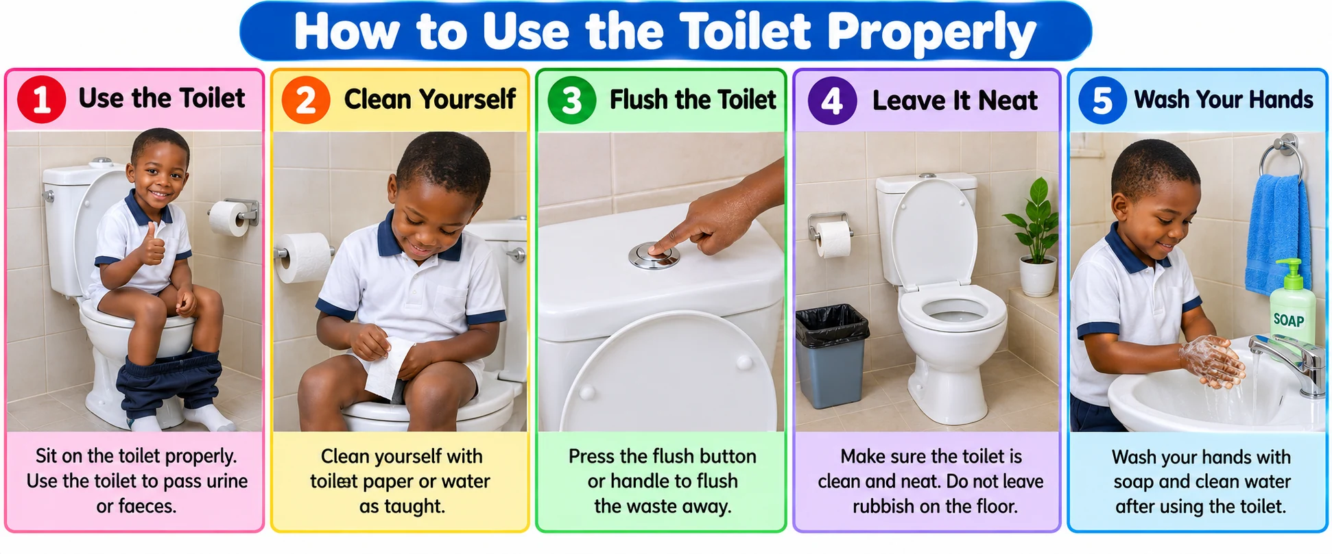 Five pictures showing proper toilet use, flushing and washing hands