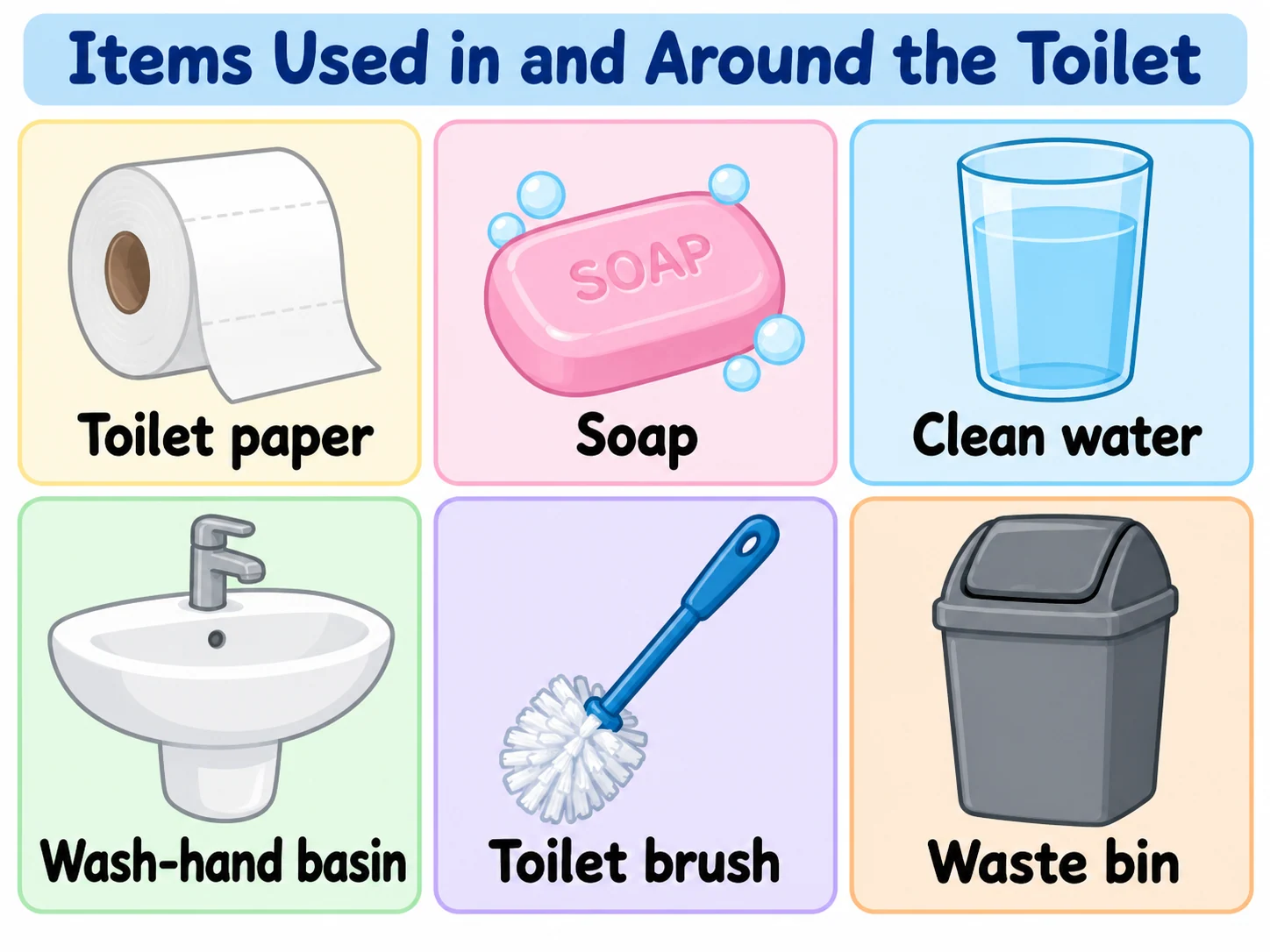 Toilet paper, soap, clean water, wash-hand basin, toilet brush and waste bin