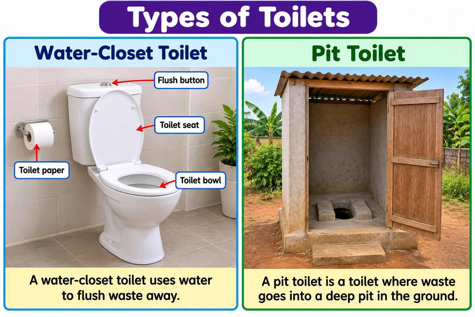 Illustration comparing a water-closet toilet and a pit toilet