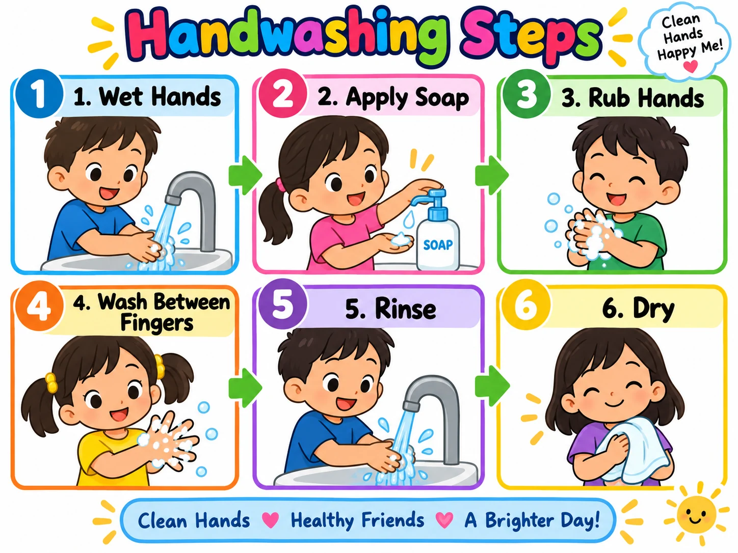 Six-step illustrated guide to washing and drying hands