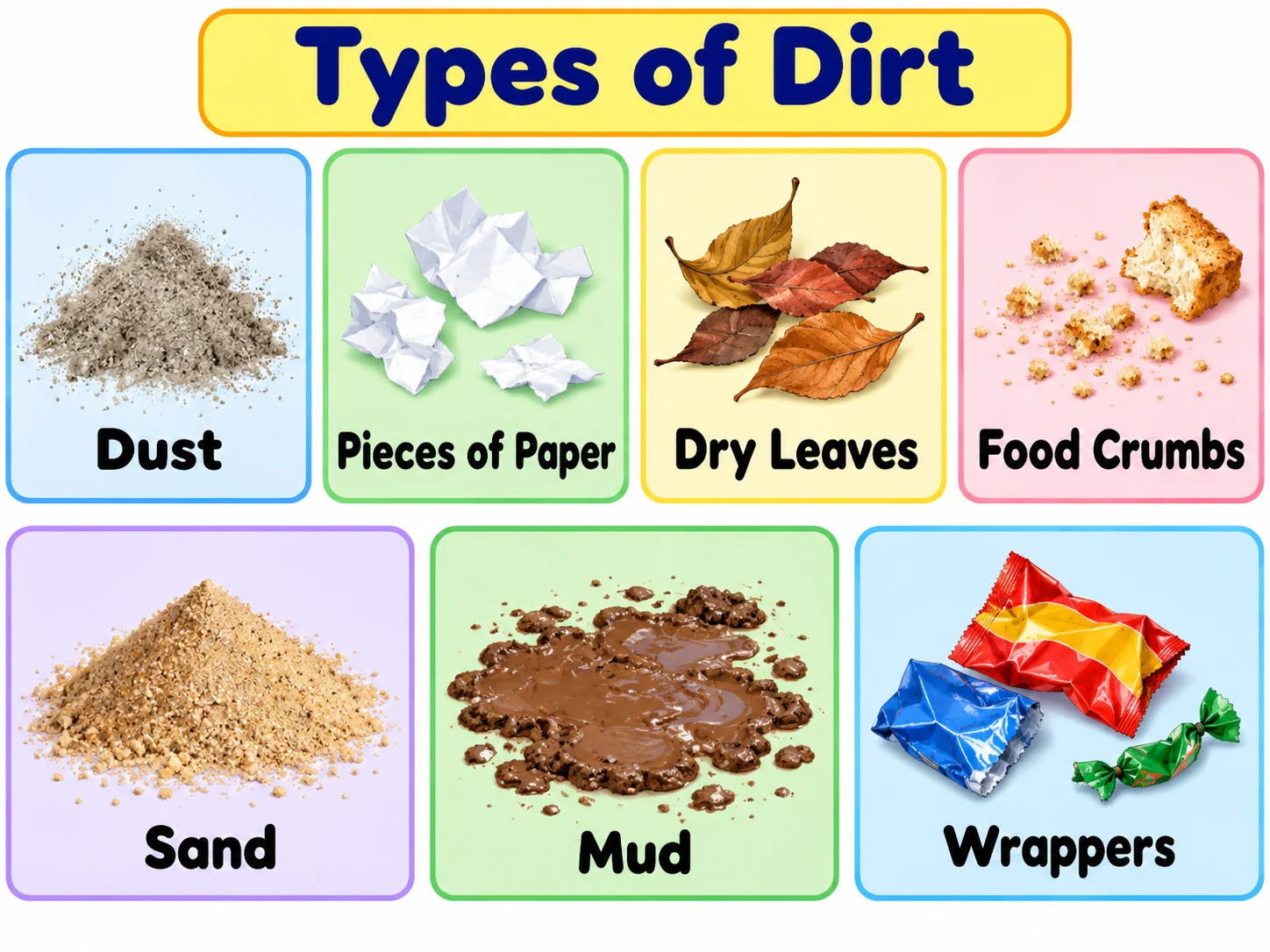 Chart of dust, paper litter, leaves, crumbs, sand, mud and wrappers