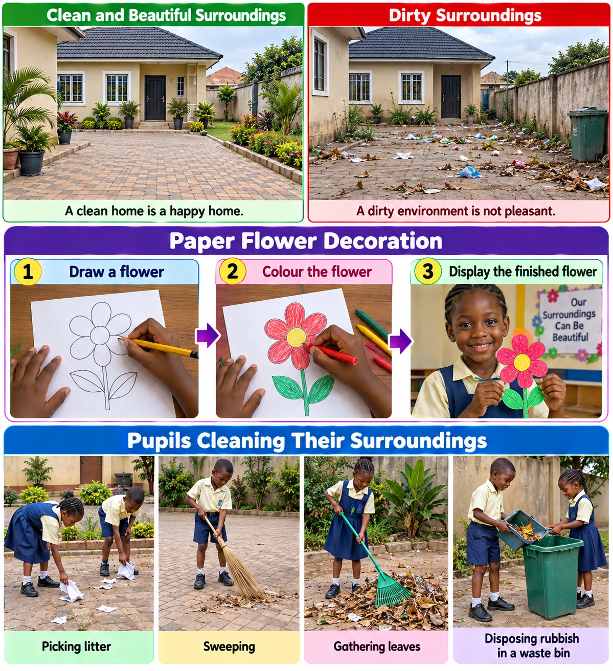 Comparison of clean and dirty surroundings with paper flower decoration and pupil cleaning activities