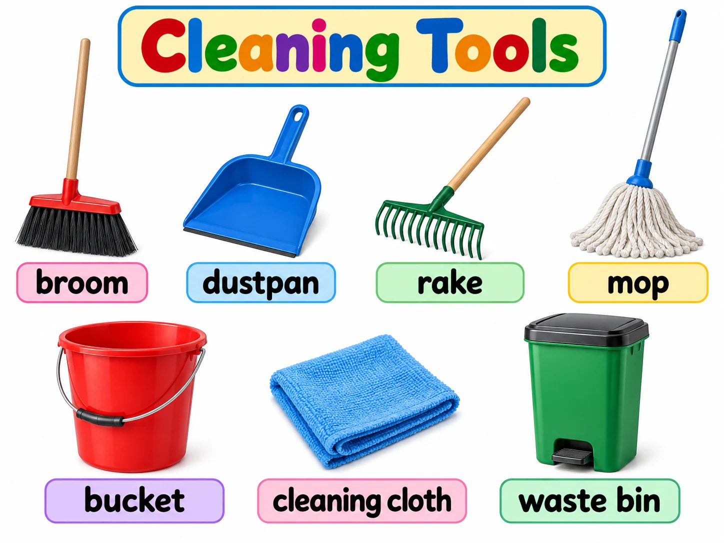 Labelled broom, dustpan, rake, mop, bucket, cloth and waste bin