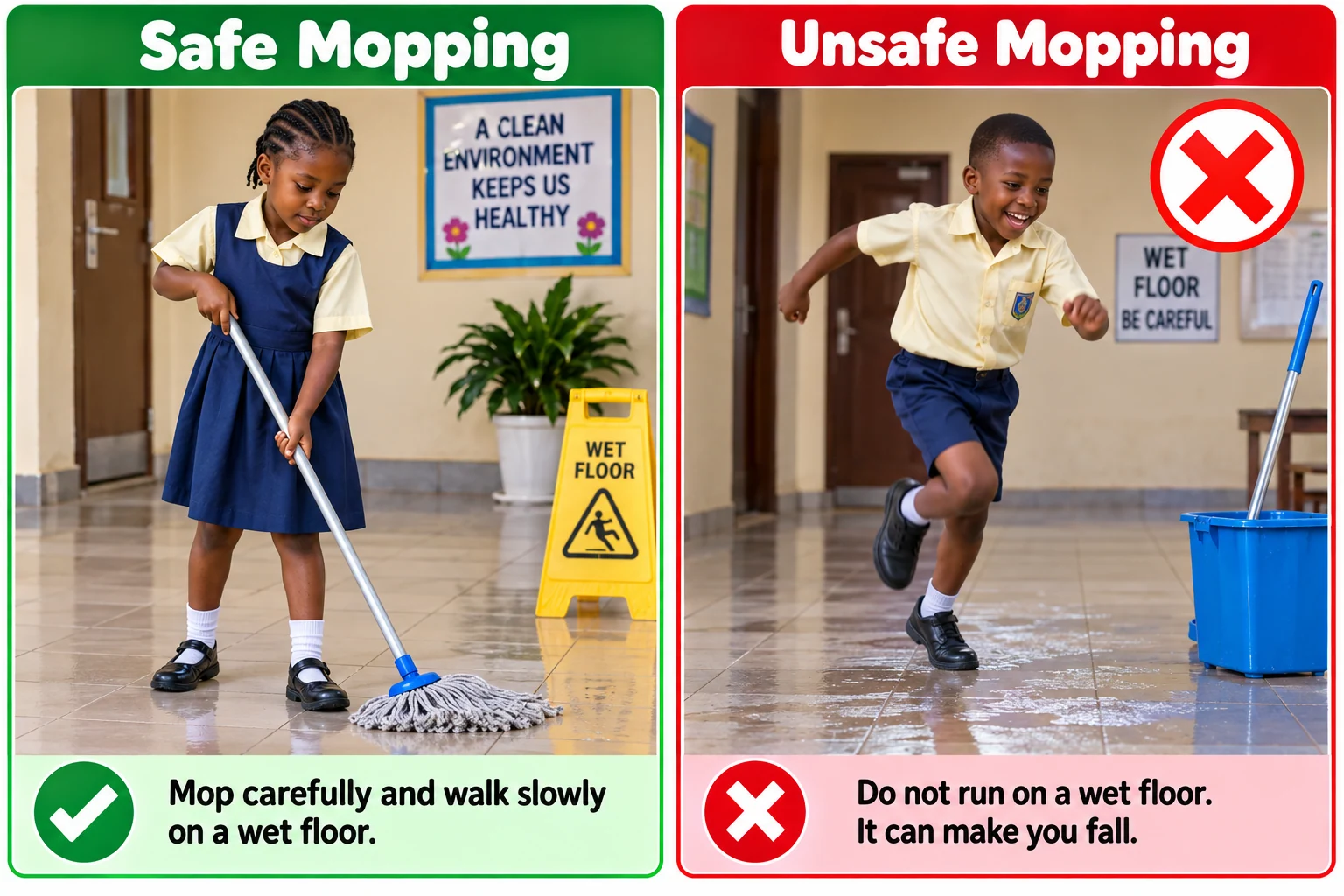 Comparison of careful mopping and unsafe running on a wet floor