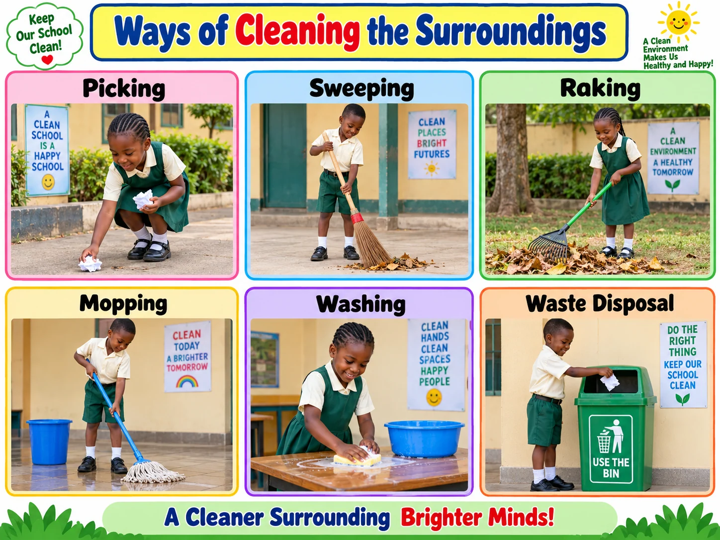 Pictures demonstrating picking, sweeping, raking, mopping, washing and waste disposal