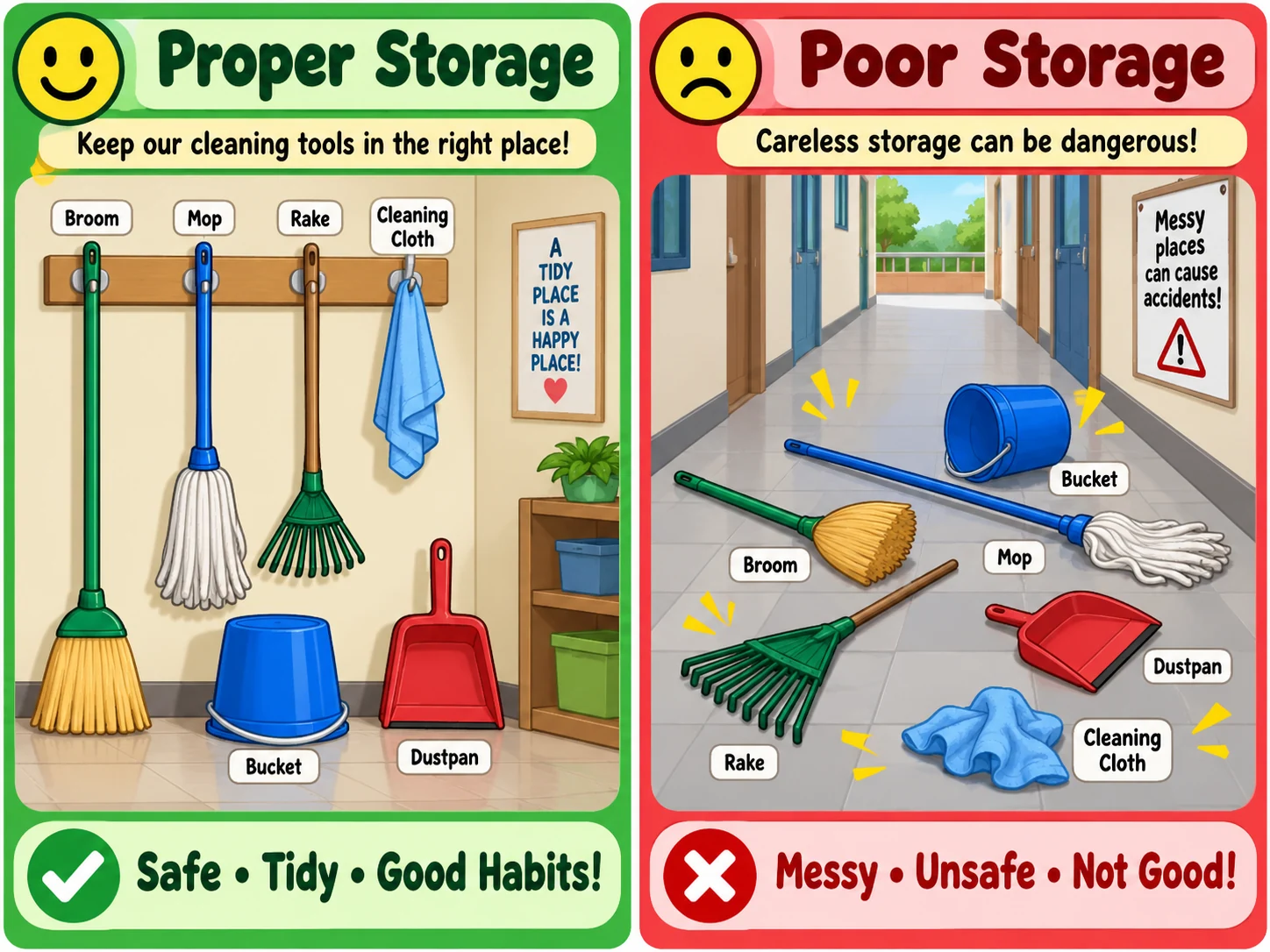 Comparison of properly stored cleaning tools and tools left scattered on the floor