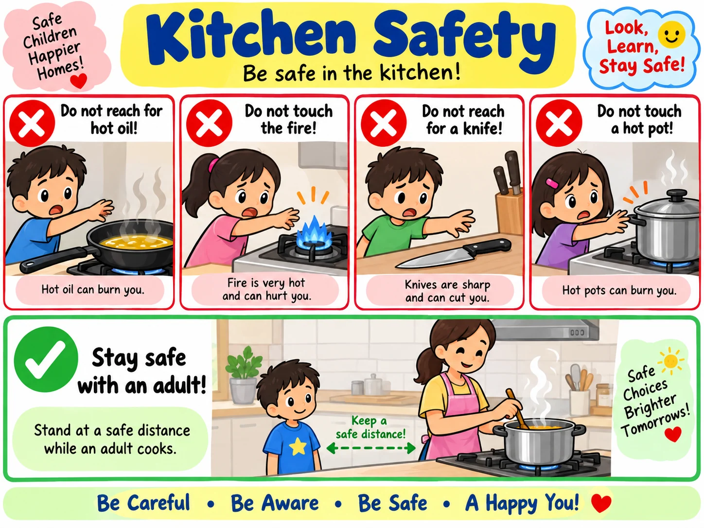 Chart showing children must stay away from hot oil, fire, knives and hot pots