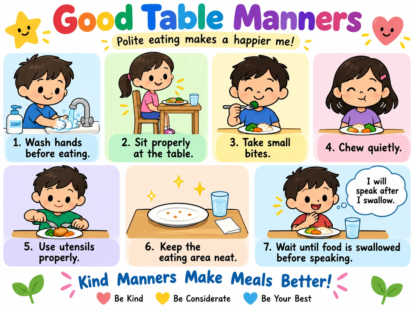 Seven illustrated table manners including washing hands, sitting properly, chewing quietly and waiting before speaking